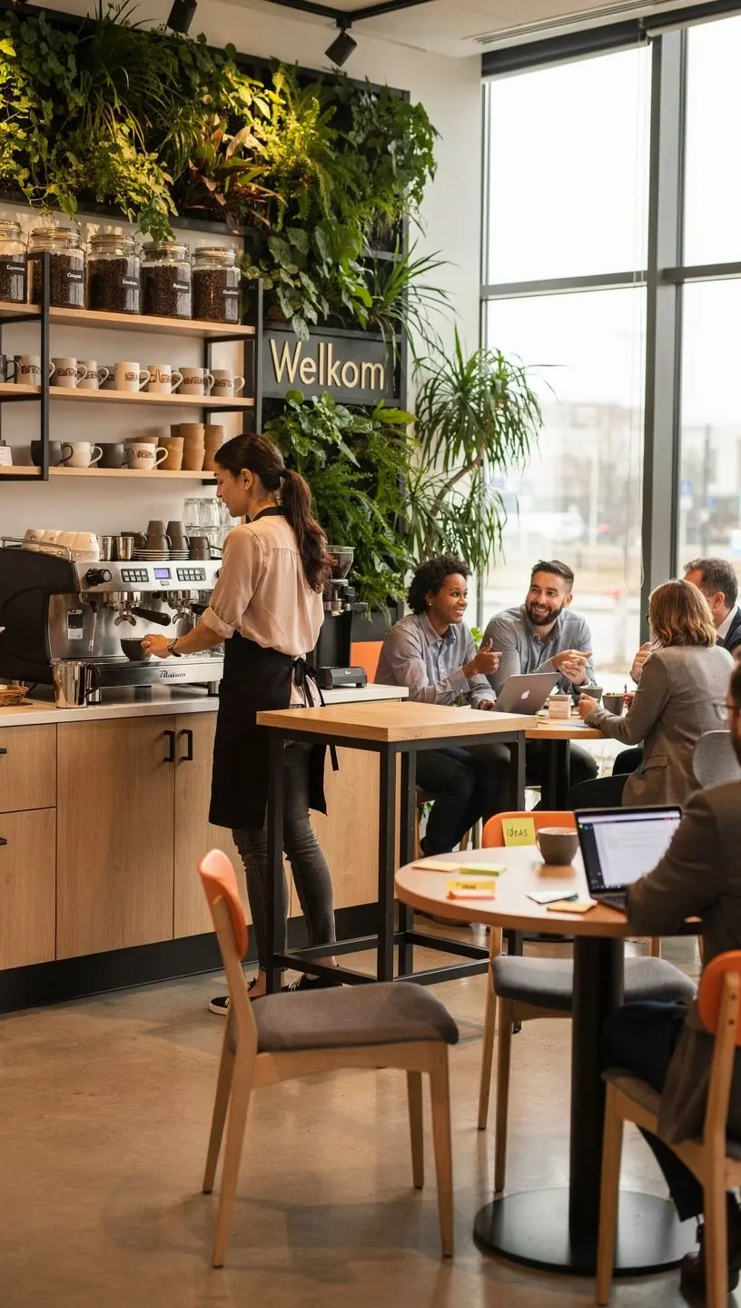 Een gastvriendelijke lounge met planten, kunstwerken en gezellige zithoeken voor informele gesprekken.